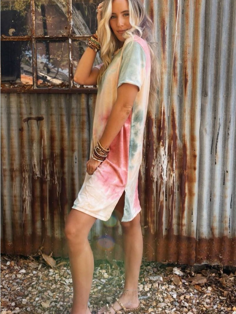 Three Bird Nest Tie-Dye Pastel Shift Dress in Pink, Green, Cream-Small-NWT